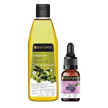 Soulflower Coldpressed Olive Oil 225ml & Lavender Essential Oil 15ml 100% Pure and Natural for Hair Growth, Hydrating and Moisturising Skin and Face - Pack of 2 (With Free Dropper)