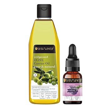 Soulflower Coldpressed Olive Oil 225ml & Lavender Essential Oil 15ml 100% Pure and Natural for Hair Growth, Hydrating and Moisturising Skin and Face - Pack of 2 (With Free Dropper)