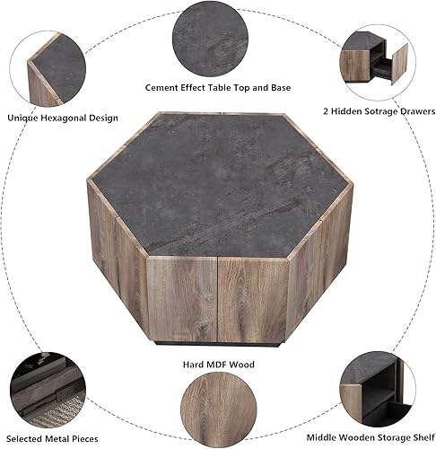 Miniatura 3 de Betoko Mesa de centro industrial de madera con cajones de almacenamiento, mesas de centro de mediados de siglo rústicas para sala de estar con