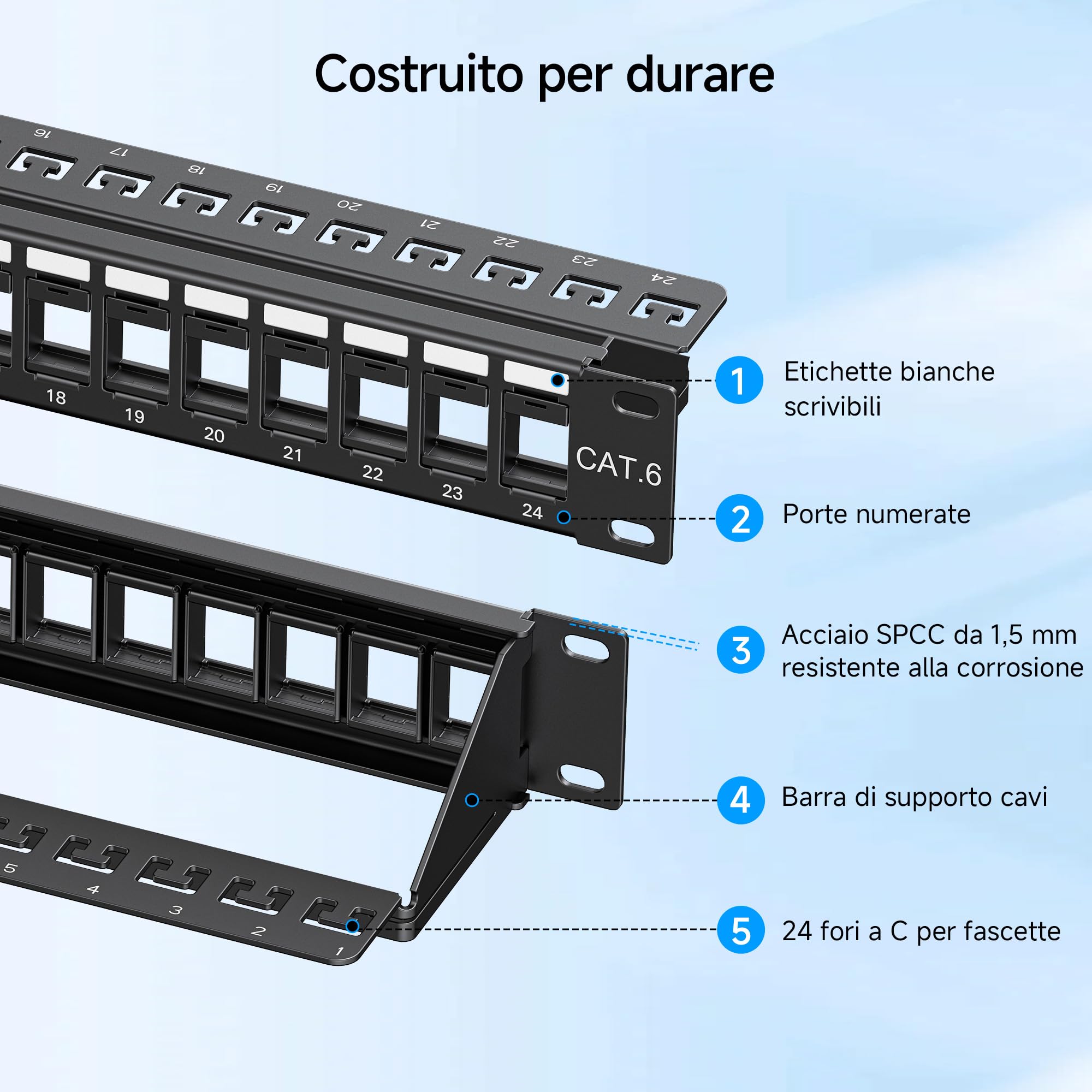 Cable Matters Pannello patch Keystone 1U a 24 porte con gestione dei cavi e barra di supporto (pannello patch vuoto da 19 pollici per jack Keystone/pannello Keystone)
