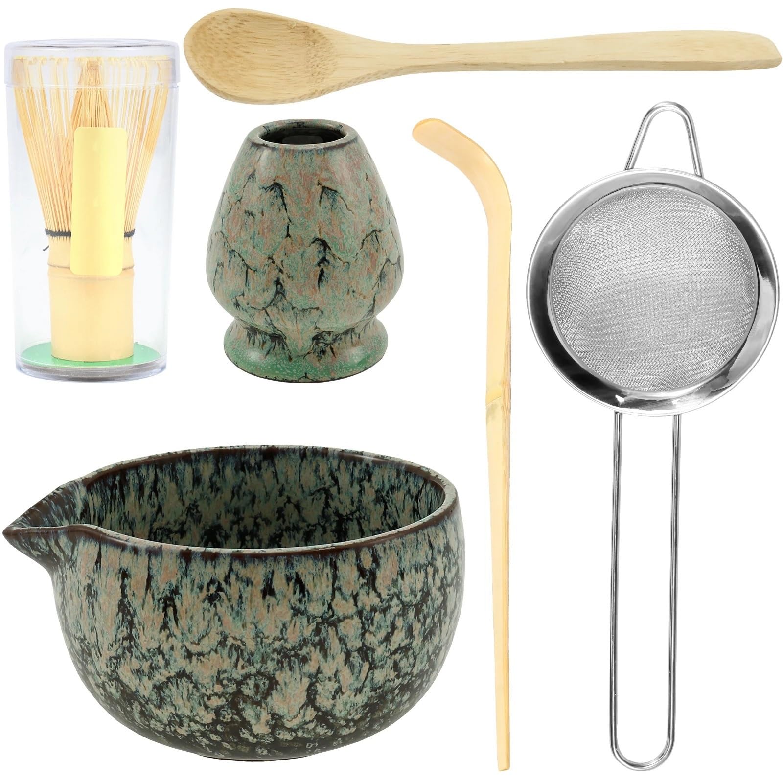 Juego de 6 batidores matcha. Incluye soporte for batidor, cuenco cerámica, colador acero inoxidable, cuchara for té, madera Kit Te Matcha(Brown green)