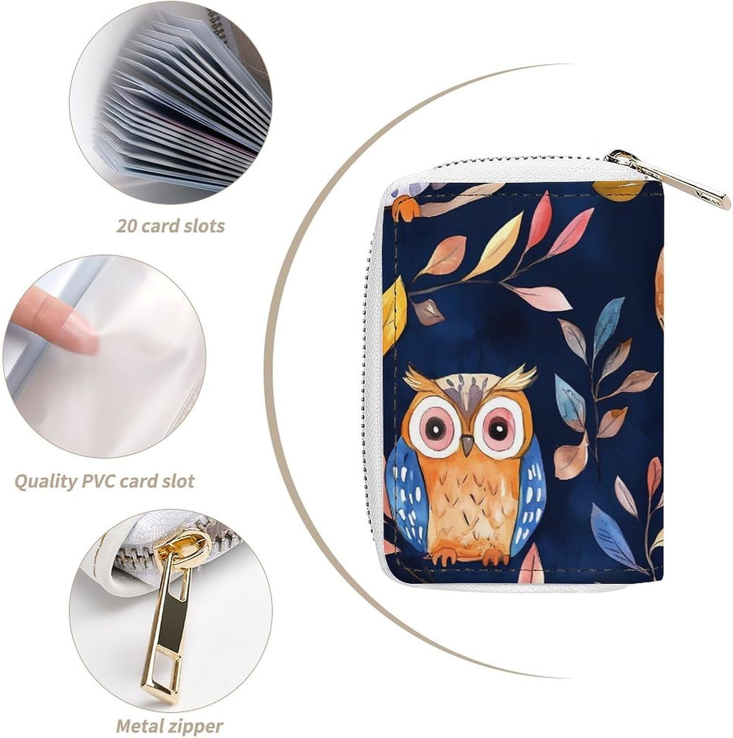 Colorful Owls And Leaves Small Business Credit Card Holder Wallet with 20 Card Slots Case Coin Purse Pouch