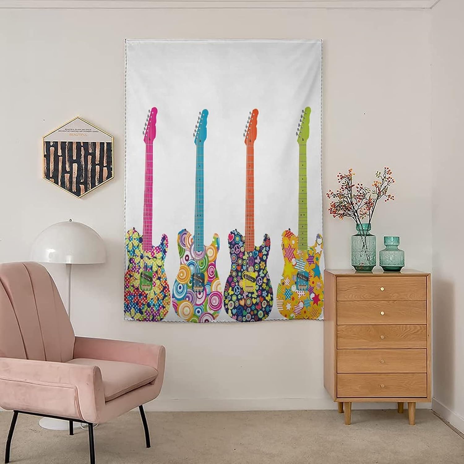 Self Adhesive Portable Blackout Curtains, Popstar Party Room Darkening Curtains, Electric Guitars Design Colorful Flowers Stars Circles Abstract Print Temporary Blackout Blinds,47W x54L Inches,