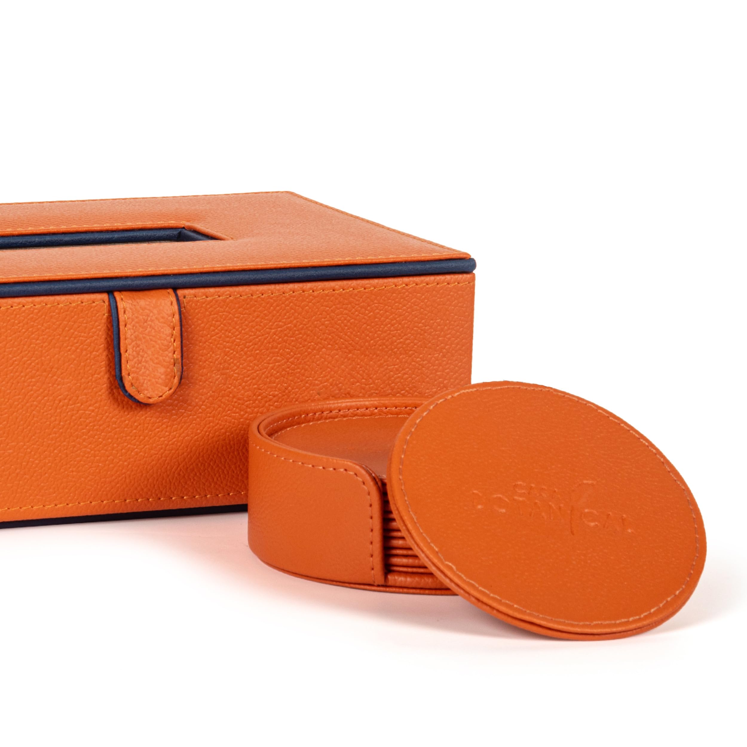 2.CASA BOTANICAL Leather Car Tissue Box & Tea Coasters Combo - Set of 2 (Orange) | Napkin Holder & Tissue Dispenser for Cars, Office, Dining Room, Home Decor 1