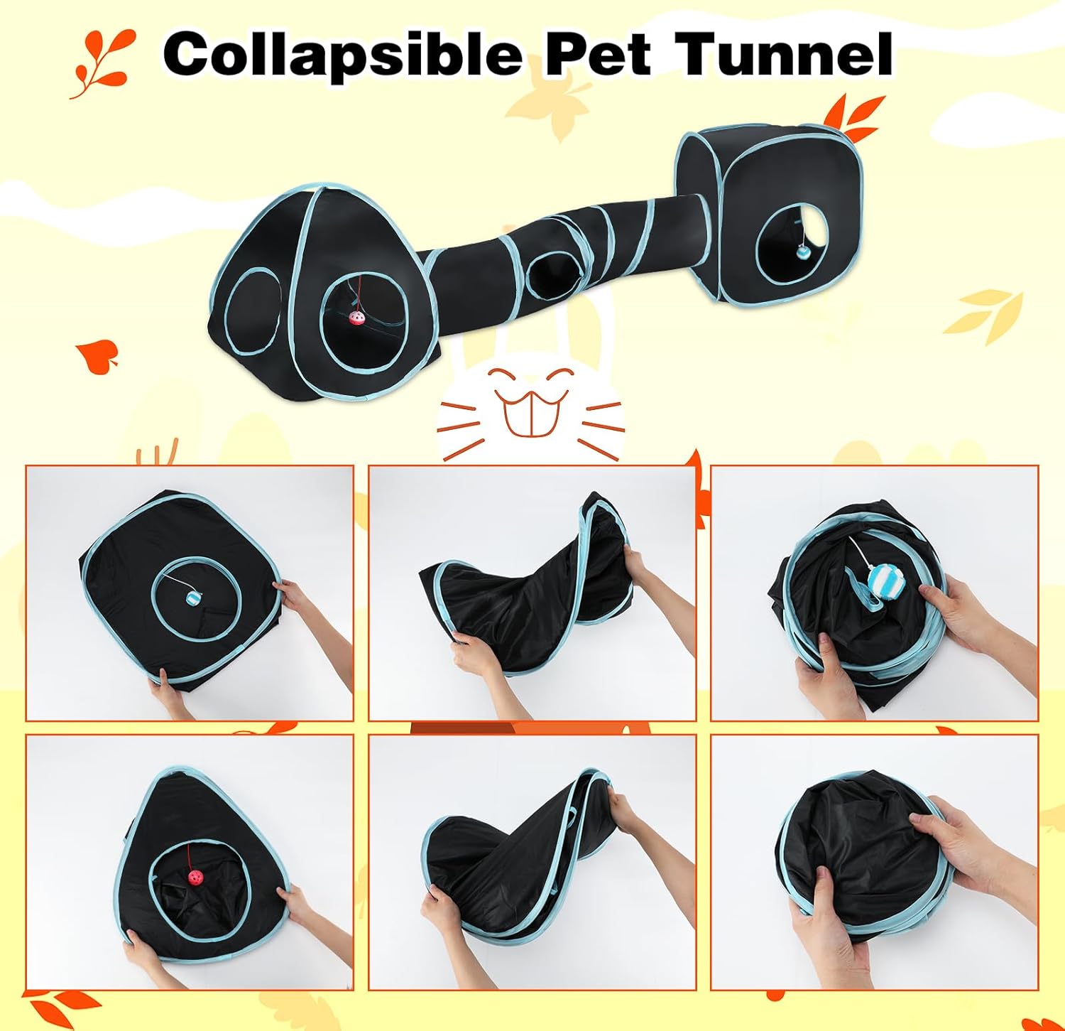 BWOGUE Bunny Tunnels & Tubes Collapsible Rabbit Hideout Tube and Foldable Cubes Playground Small Animal Activity Hideaway for Dwarf Rabbits Bunny Guinea Pigs Kitty (Blue Black)