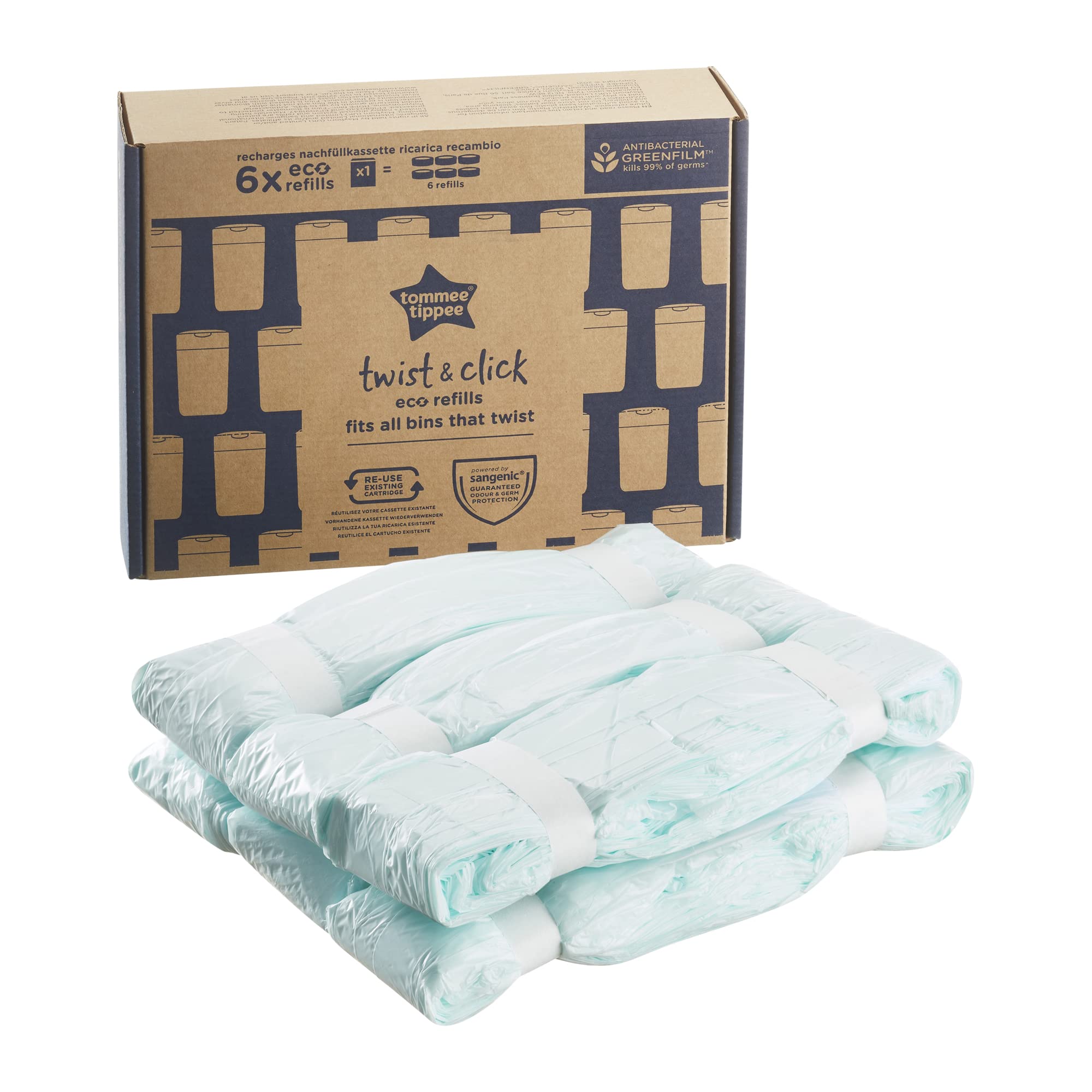 Tommee Tippee Twist & Click Nappy Bin Refills, Pack of 6, each 10.5 metres, Multilayer, Antibacterial* Film