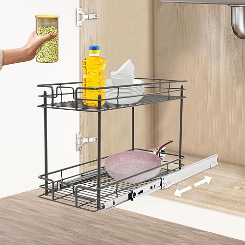 Miniatura 4 de Organizador de armario extraíble de dos niveles, estante extraíble para gabinete de cocina, estante deslizante para cocina, baño, despensa, gabinete