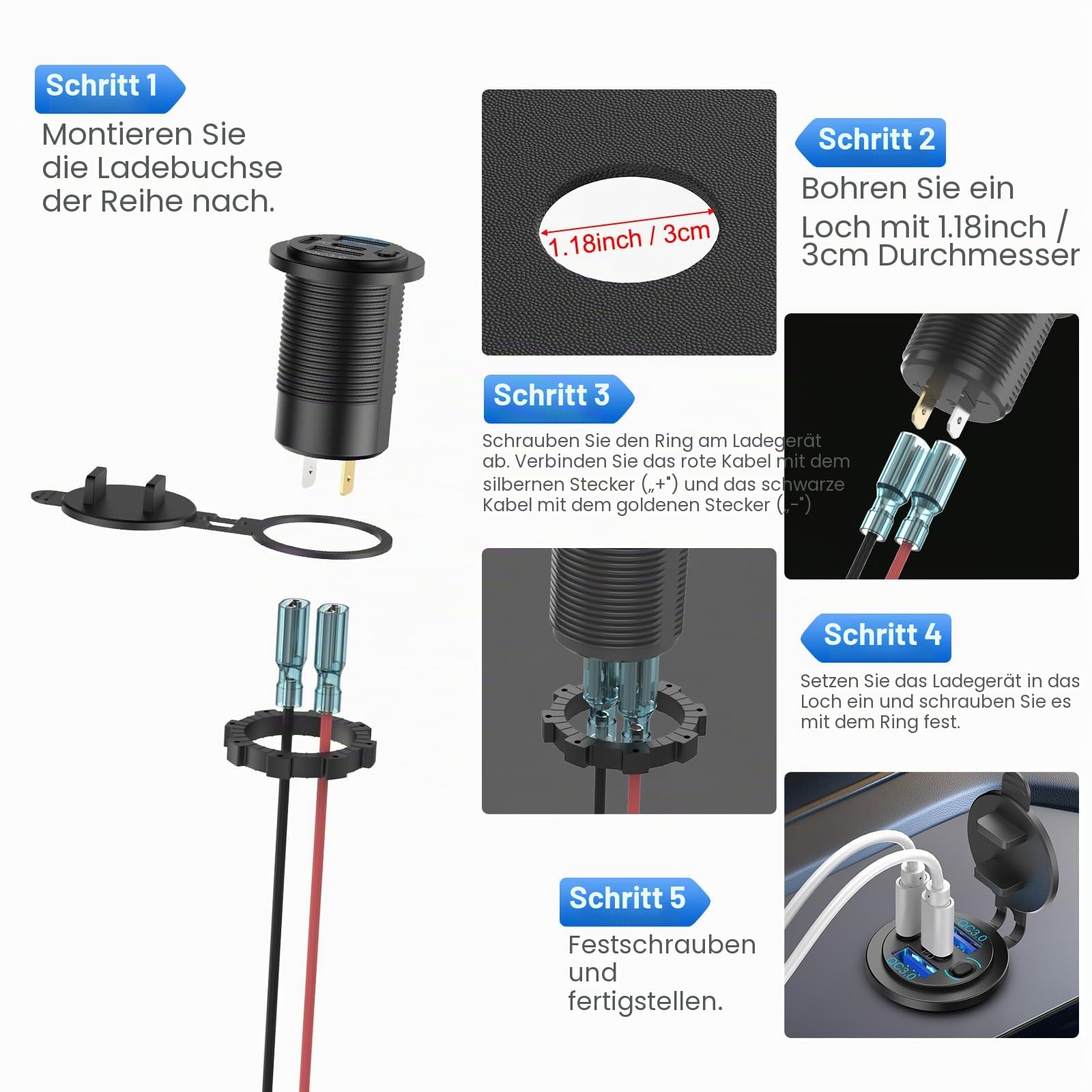 78W 12V USB-Steckdose Auto-Ladegerät, Superschnell Zweifach PD3.0 & QC3.0 Mehrere USB-Anschlüsse für Auto, USB C Zigarettenanzünder-Ersatz 12-Volt-Steckdose Wasserdicht für Marine Boot Motorrad