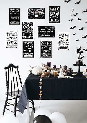 Miniatura 7 de Letrero de lata con texto en inglés Not All Witches Live in Salem, decoración de Halloween, divertido letrero de metal para el hogar, cocina,