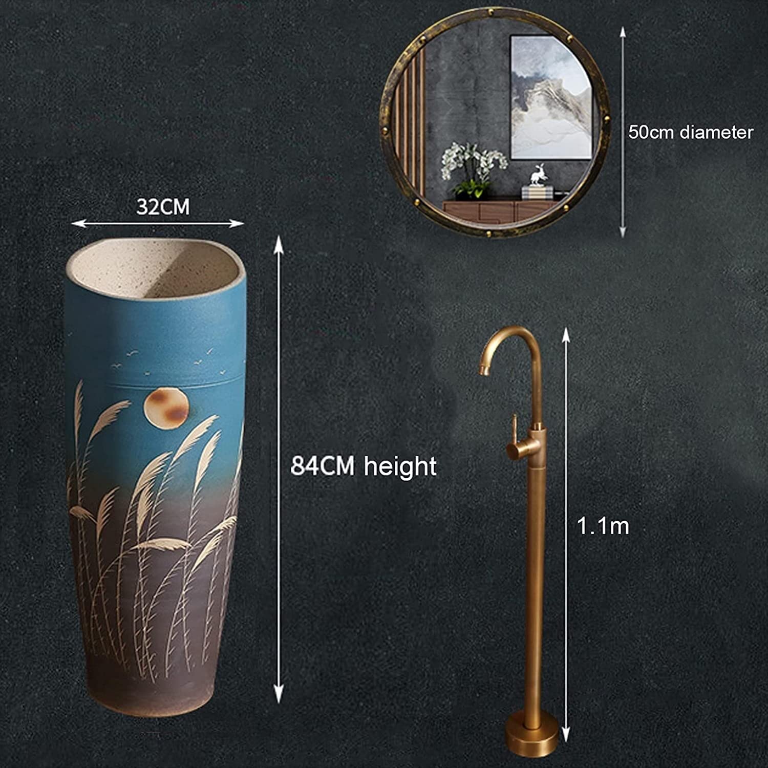 Lavabo autoportante con piedistallo, lavabo per bagno di hotel, lavabo combinato realizzato a mano con rubinetto e foro di installazione di scarico, per interni ed esterni, A-con specchio
