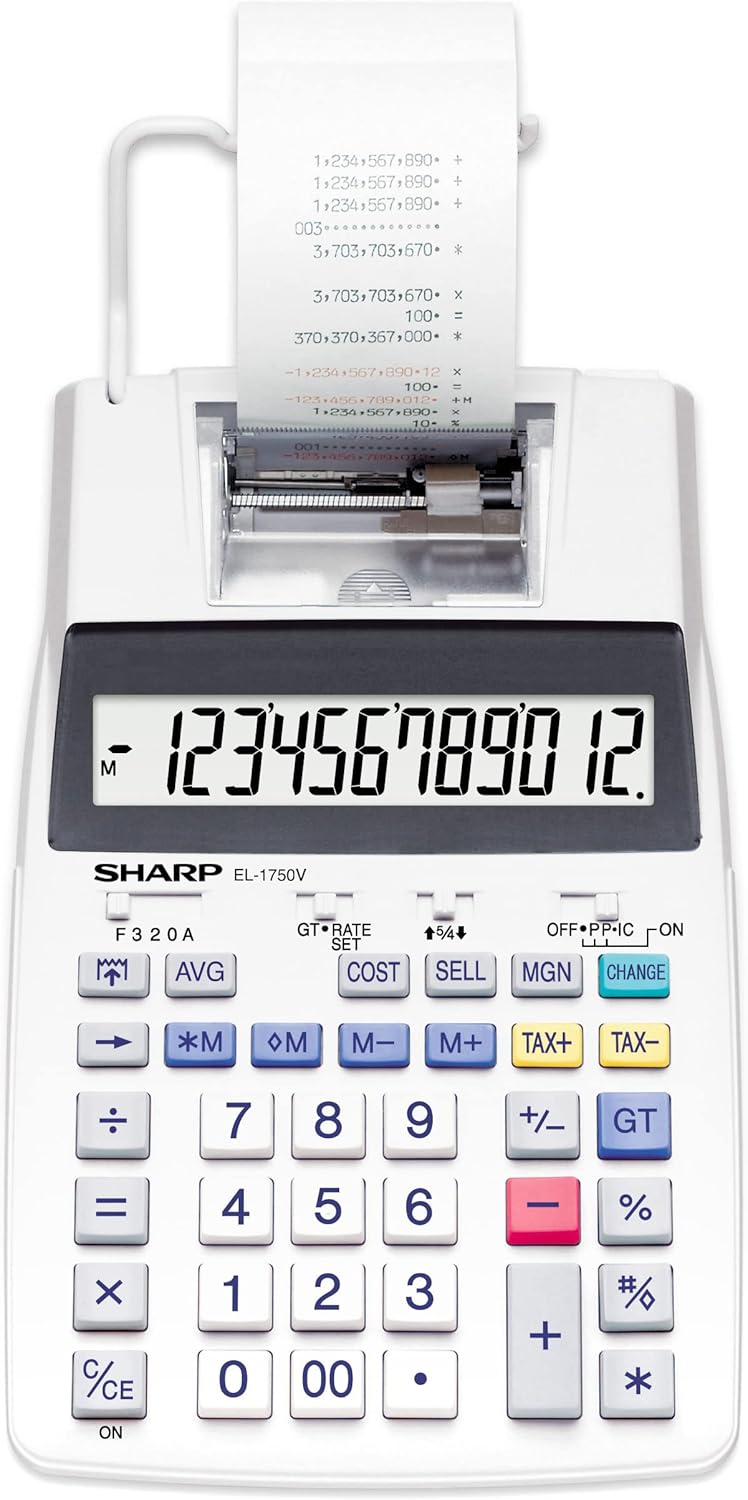 Sharp SH-EL1750V Printing Calculator, front view with paper roll and display.