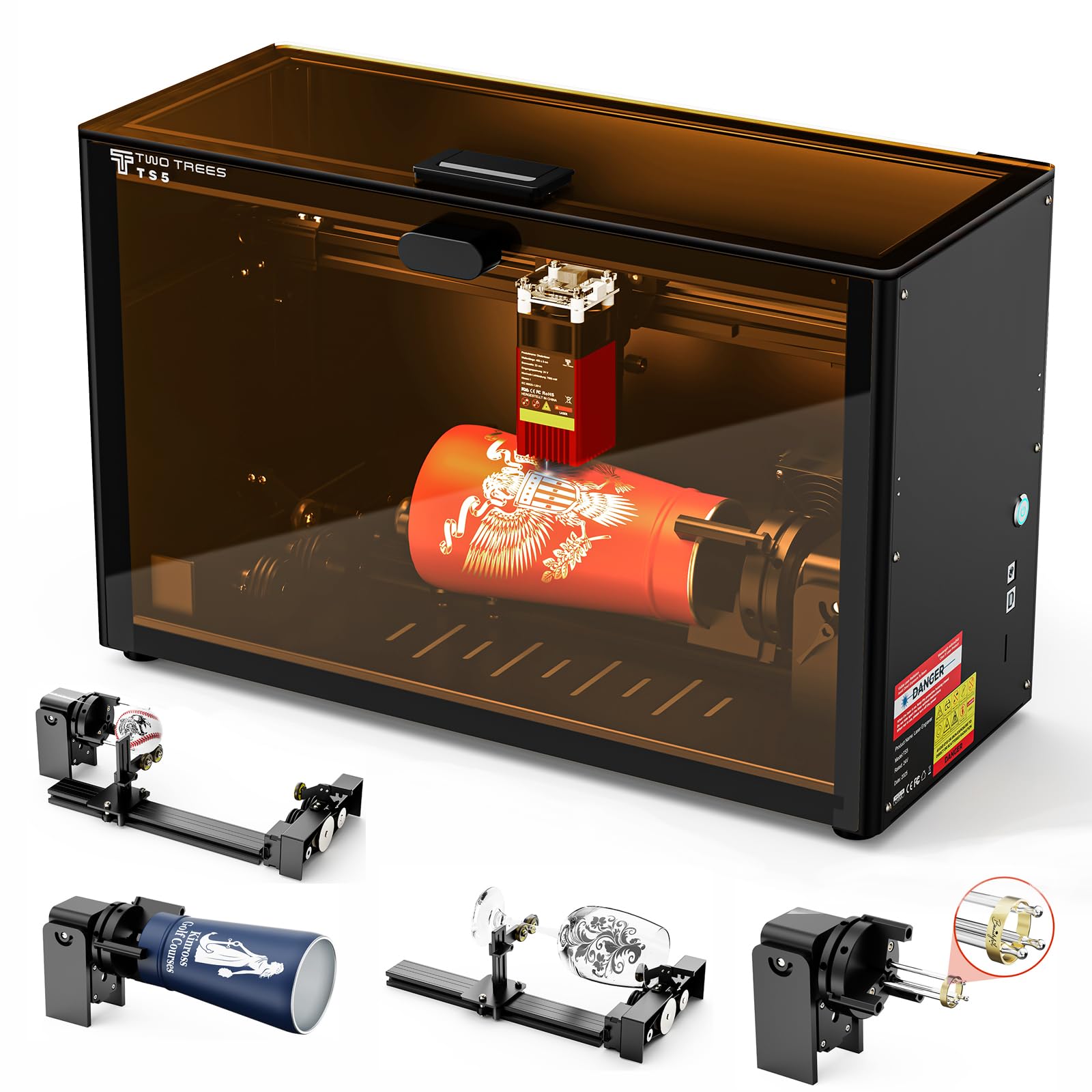 Twotrees TS5 7W Laser Graviermaschine, Lasergravierer für Cup mit 4 in 1 Laser Rotary Roller, Lasergehäuse, Gravur Unregelmäßige Zylinder, 249×123×123mm Gravurbereich