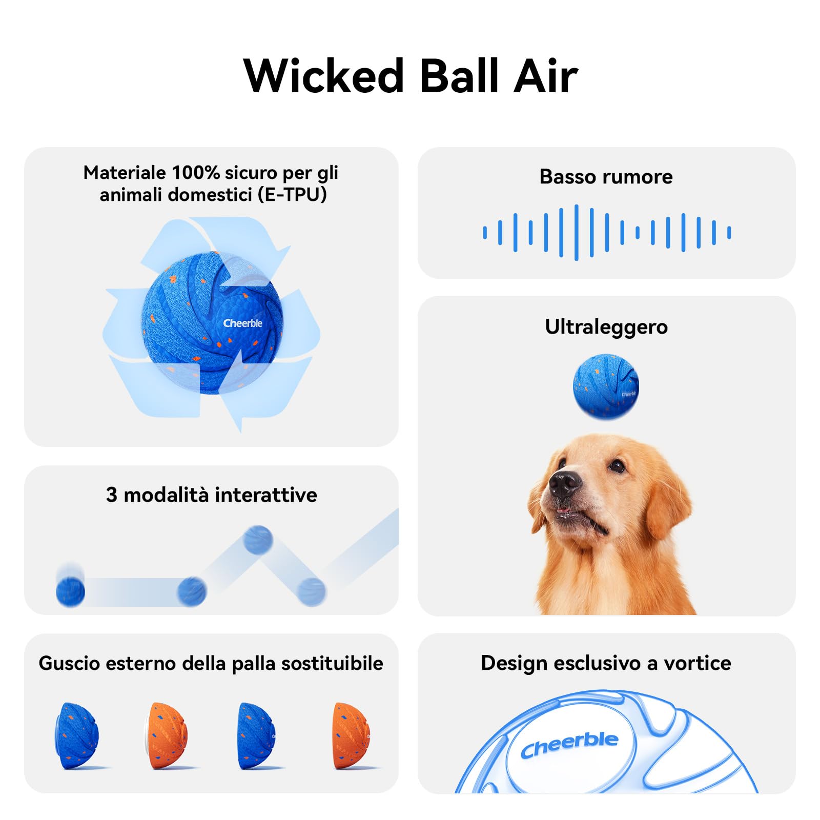 Cheerble Palla interattiva per cani Wicked Ball Air Self Moving Dog Ball con 3 modalità interattive, giocattolo intelligente per cani, regalo di compleanno con luci a LED, blu