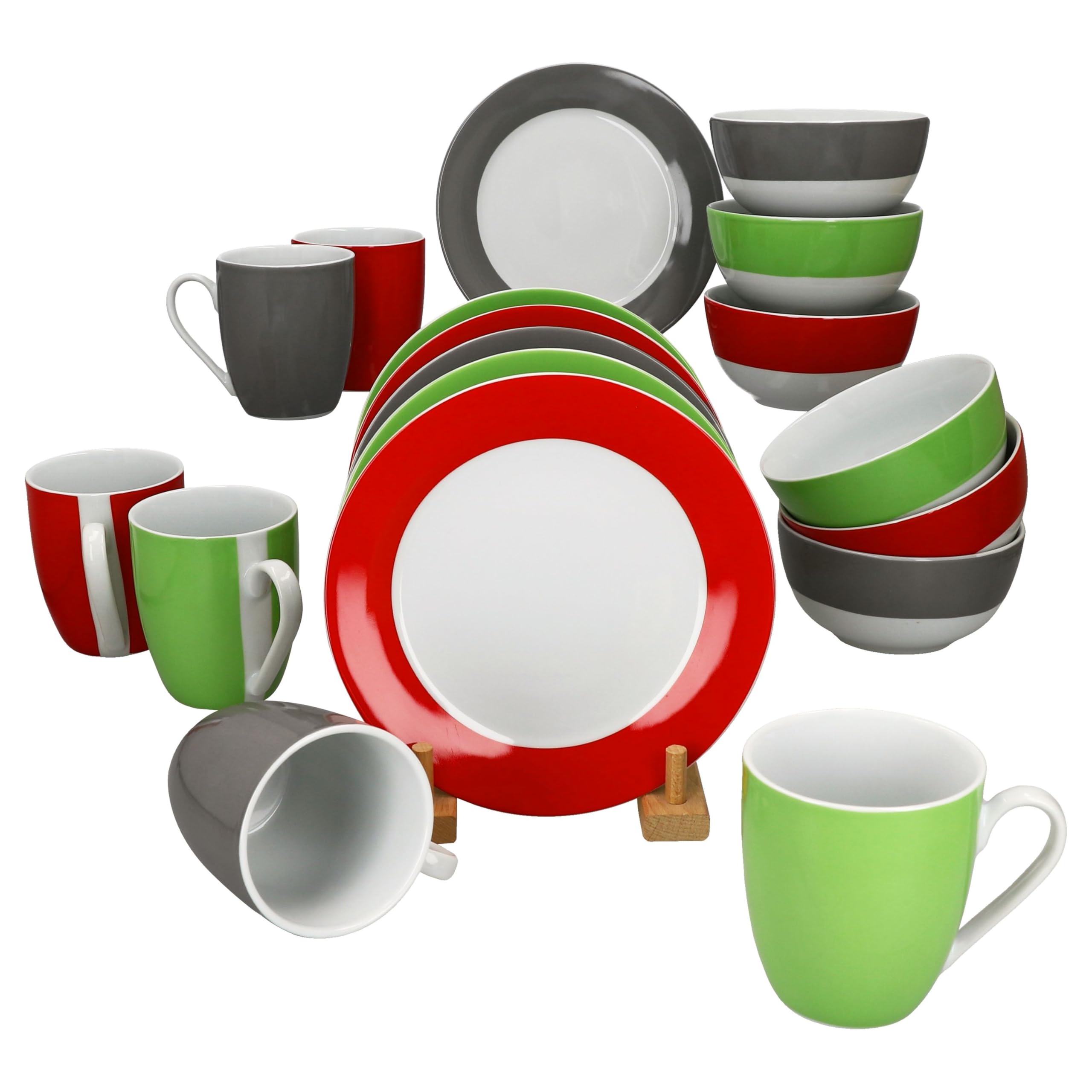MamboCat Variant Trio Service de petit-déjeuner 18 pièces I 6 petites assiettes, 6 bols de 450 ml et 1 tasse à café 350 ml, hauteur 10,3 cm pour 6 personnes I Vaisselle en porcelaine pour le petit