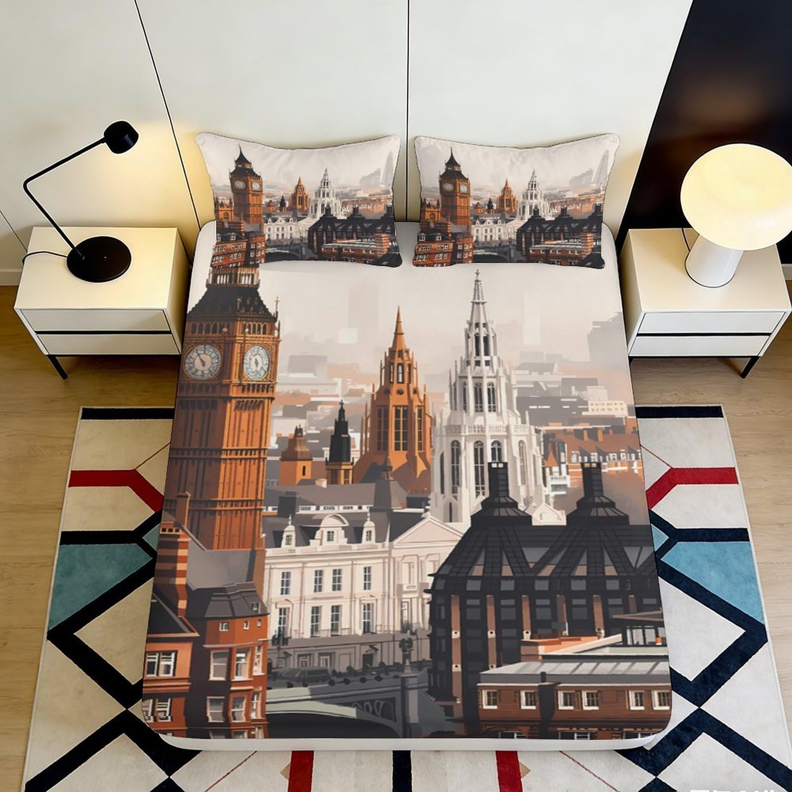 3D Printed London Cityscape Fitted Sheet Microfiber Soft Mattress Cover Urban Decor for Bedroom Guest Room Dorm 90x200x25cm