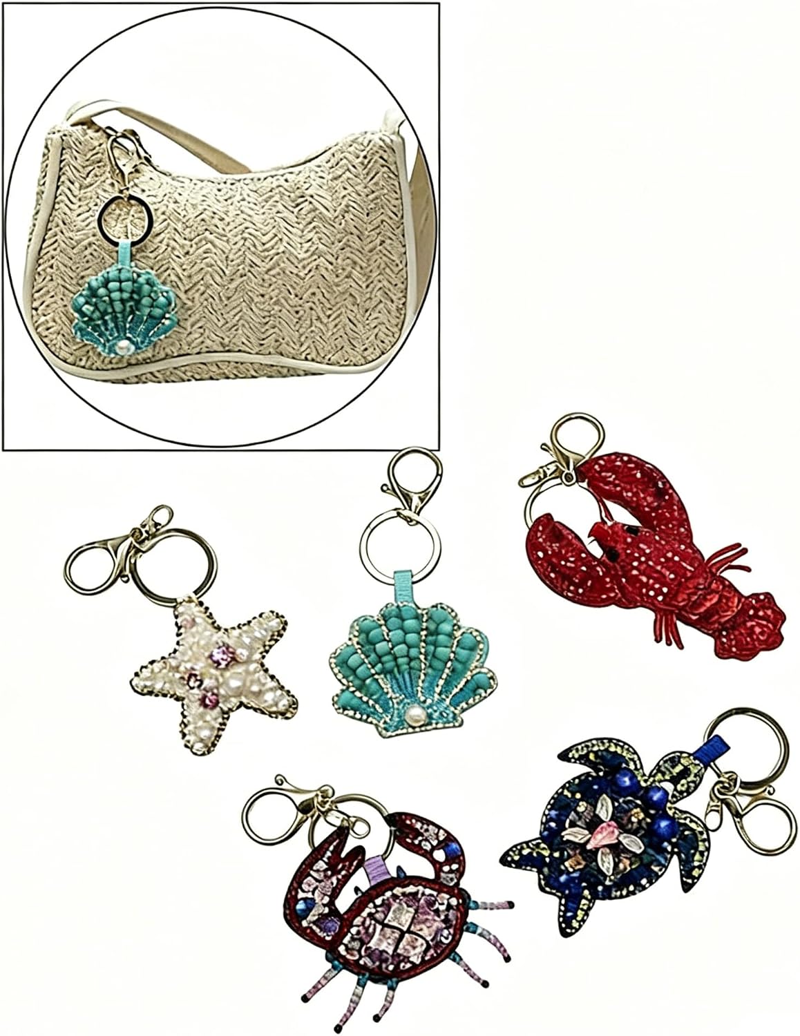 Beaded Marine Life Keychain for Women, Cute Turtle/Shell/Starfish/Crab/Lobster Beach Themed for Purse Backpack image 4
