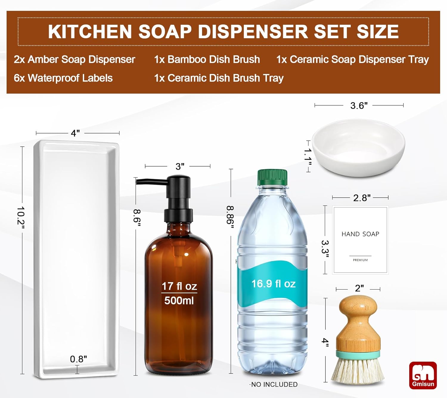 GMISUN Dish Soap Dispenser, 16 Oz Kitchen Soap Dispenser Set with Ceramic Tray & Bamboo Brush, 2 Pack Thick Amber Glass Soap Dispenser, Farmhouse Refillable Hand and Dish Liquid Soap Pump Bottle Set - Image 2