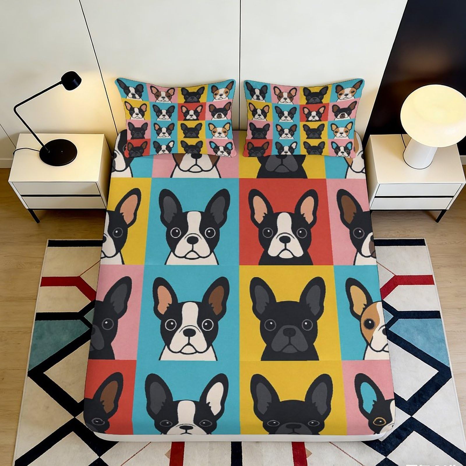 3D Printed Colorful French Bulldog Pattern Fitted Sheet Microfiber Soft Durable Anti-Slip Cartoon Dog Bed Cover for Bedroom Dormitory Guest Room 180x200x25cm