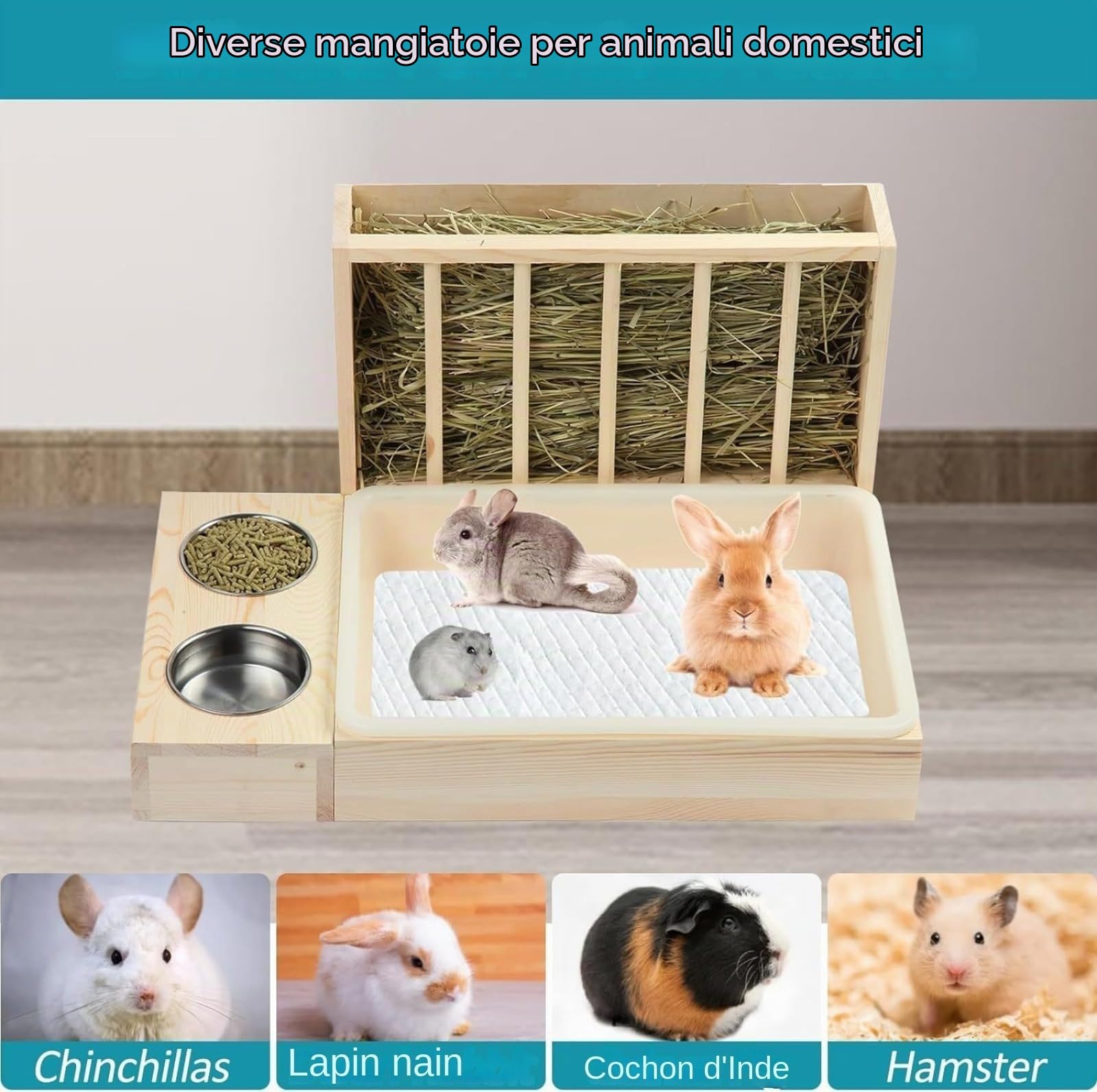 Lettiera 4 in 1 per piccoli animali da compagnia, criceti, furetto, mangiatoia, mangiatoia per fieno coniglio, mangiatoia per fieno in legno, per coniglio con vassoio (non bottiglia d'acqua)