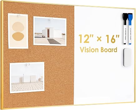 ARCOBIS Cork Board White Board Combo, 11.6 x 15.7 Inch Bulletin Board, Magnetic Dry Erase Board & Corkboard for Wall, Vision Board for Home, Office, School, Gold Frame