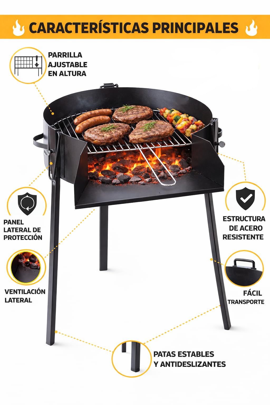 Barbacoa de Carbón Redonda Portátil con Parrilla Elevable – Acero Resistente para Jardín y Terraza (50 CM)