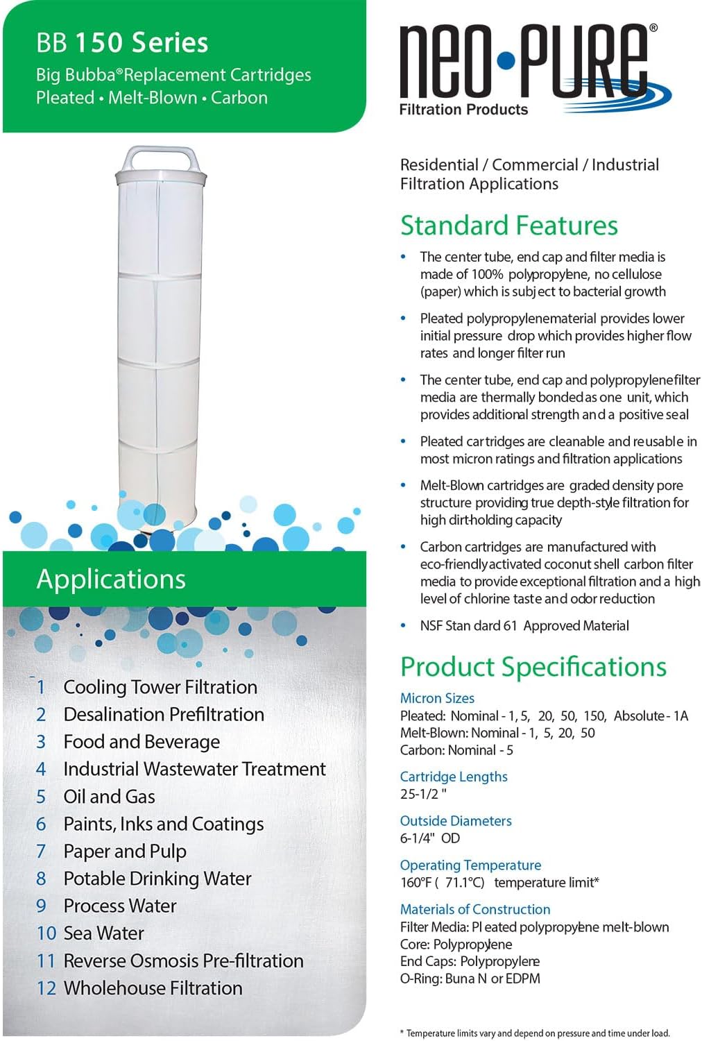 Neo-Pure BB150-PM150 Big Bubba Mesh 150 Micron Pleated Filter Cartridge | Compatible with Watt's BBC-150-PM150 Big Bubba BBH-150 Housing | High-Efficiency Water Filtration for Clean and Clear Water