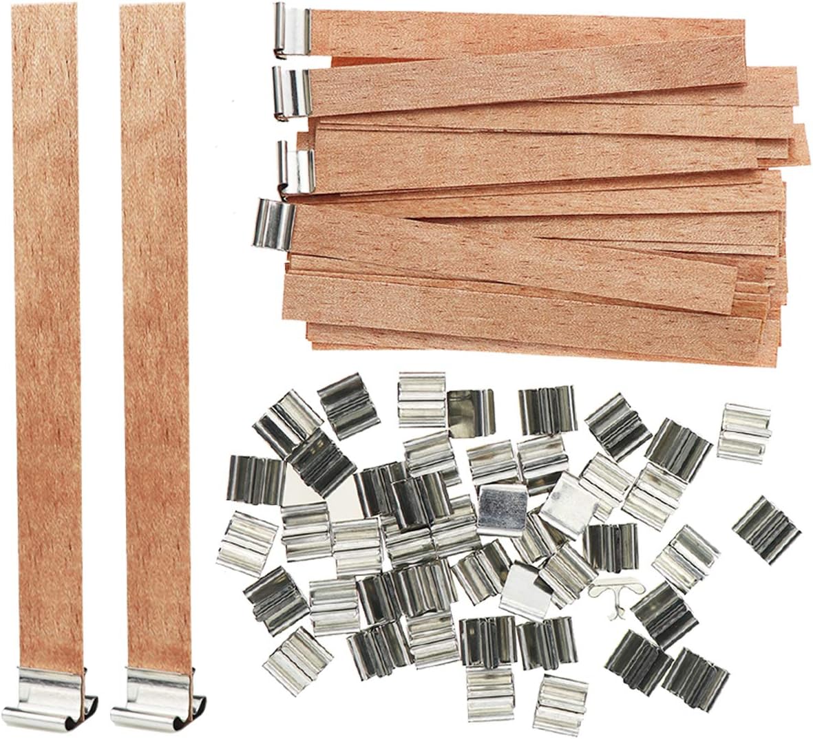 YOLUFER 100 PCS 5.1 X 0.5 Inch Wooden Candle Wicks with Iron Stand for Candle Making, Smokeless Candle Cores for DIY Candle Making Craft