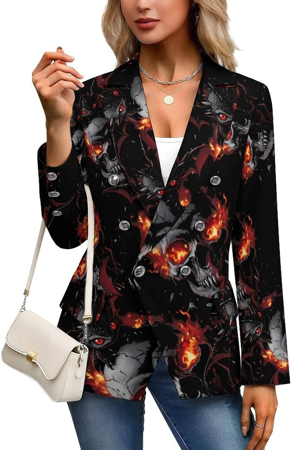 Black Dragon Fire Skull Women's Blazer Long Sleeve Suits Business Casual Blazers Jackets Lapel Open Front Suit