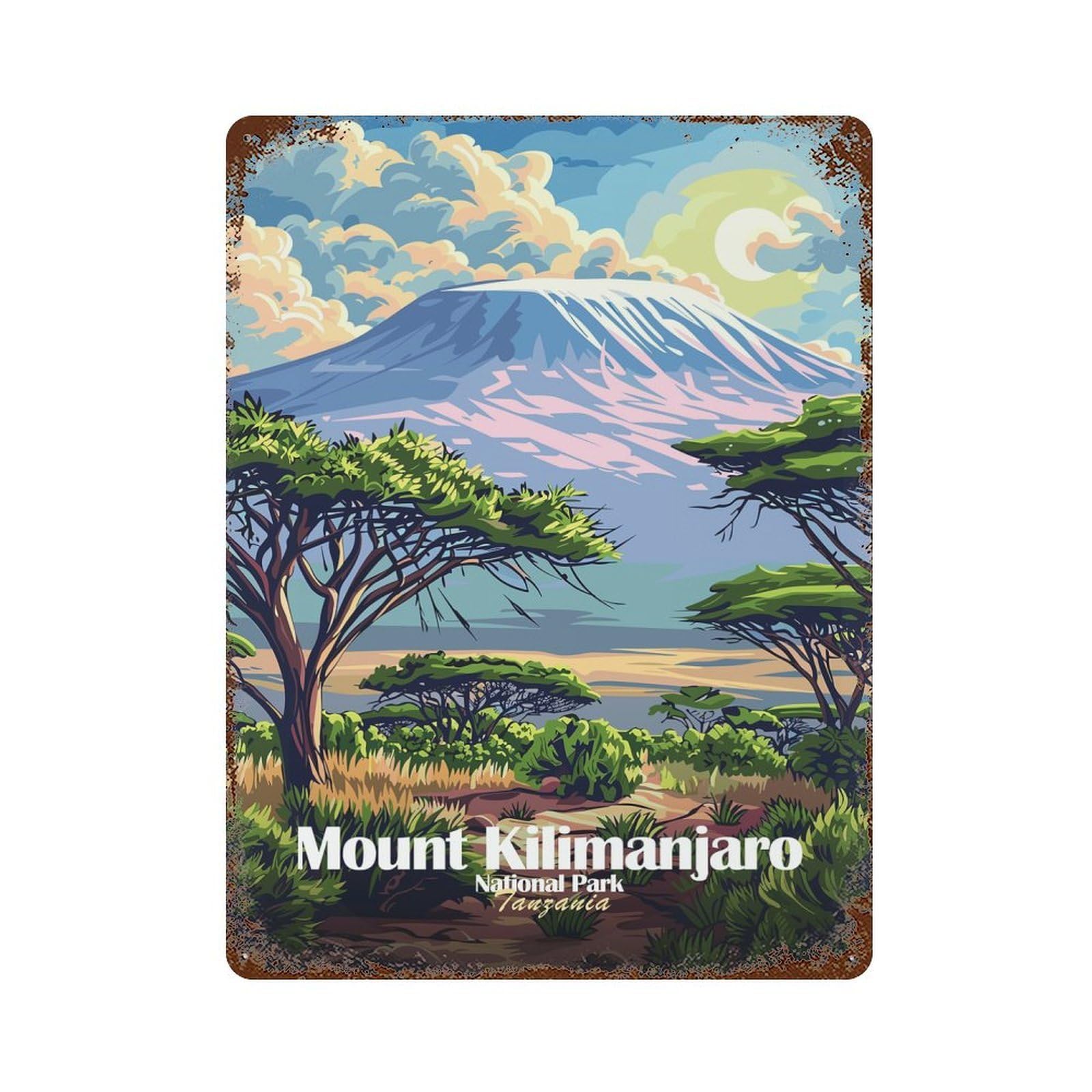 Aged Metal Wall Plaque with Mount Kilimanjaro National Park Tanzania Design 15.7"x11.8", for Basement, Hobby Room And Garage Decor, Classic Wall Plaque