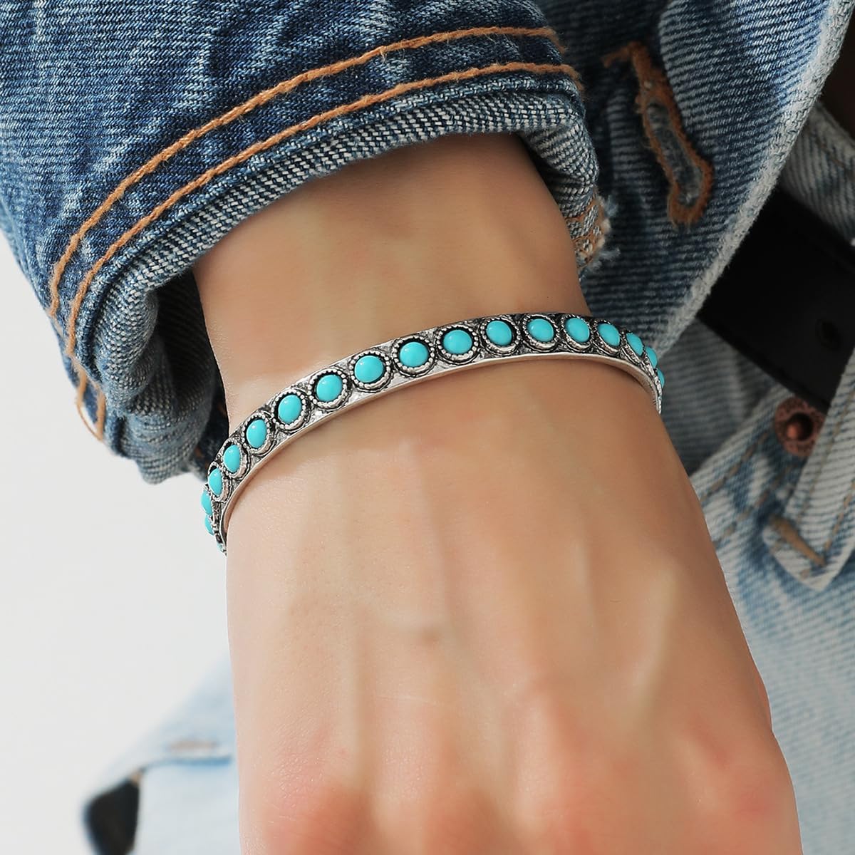 Turquoise Cuff Bracelet,South Western Cowgirl Bangle Bracelets Bohemian Gift for Women - Image 2