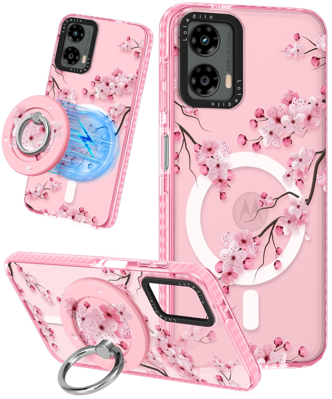 Lotadilo Cute Case for Moto G 5G 2024 for Women Girls - Funny Peach Blossom Design Compatible with Magsafe Ring Holder Magnetic Stand Kickstand