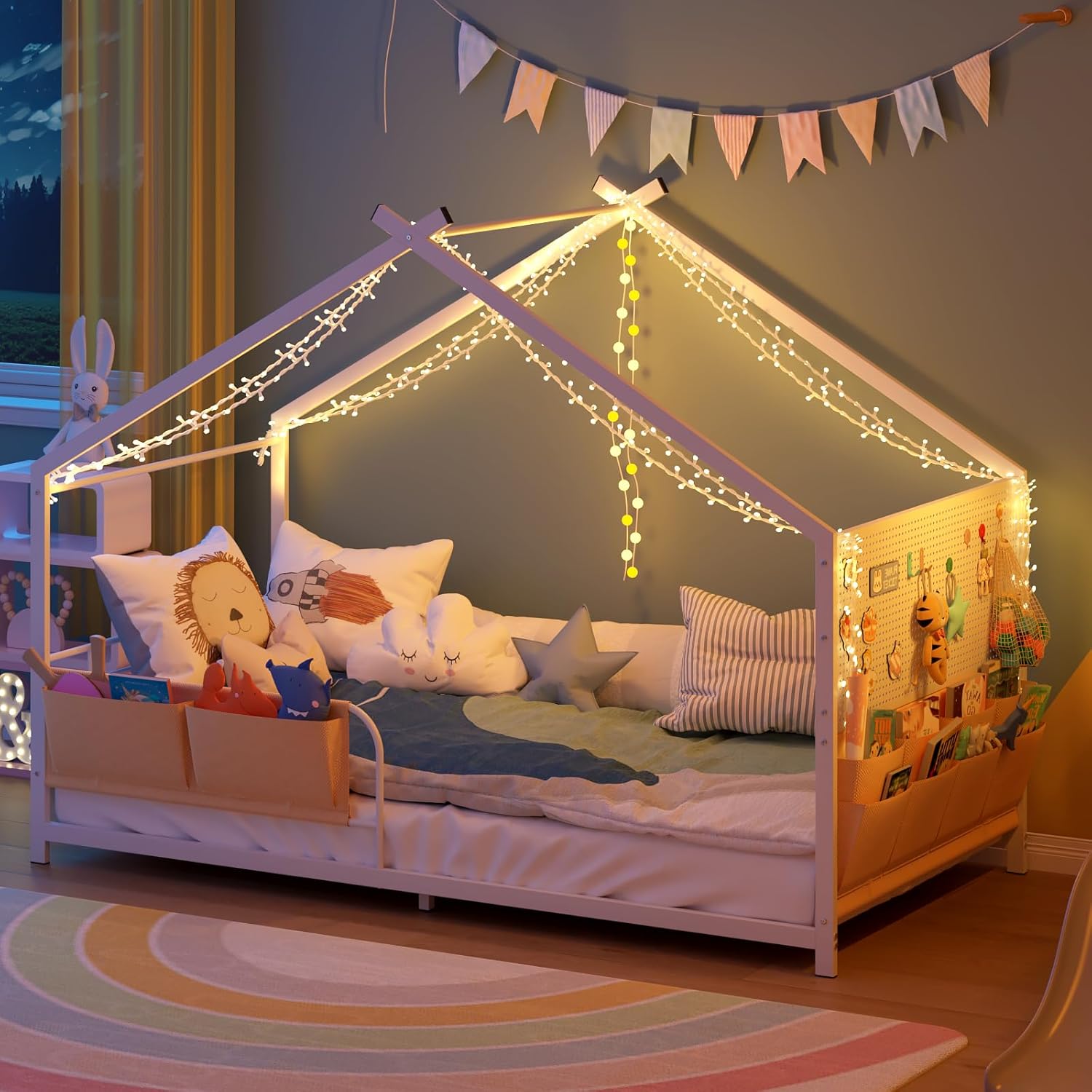 Timy House Shape Twin Size Montessori House Bed for Kids Metal Floor Bed with Pegboard Caddy and Slats White