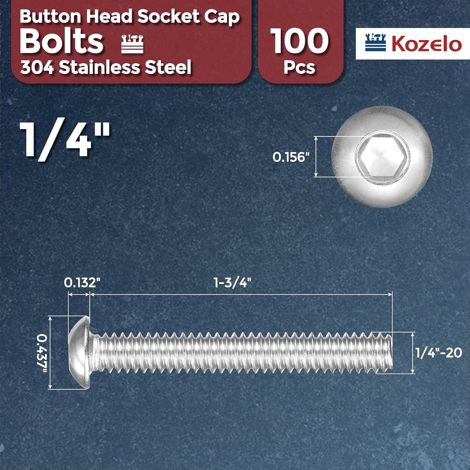 100pcs Button Head Socket Cap Screws - [1/4"-20x1-3/4] 18-8 Stainless Steel - Industrial Grade Corrosion Resistant for Kitchen, Bathroom, Furniture & DIY Projects