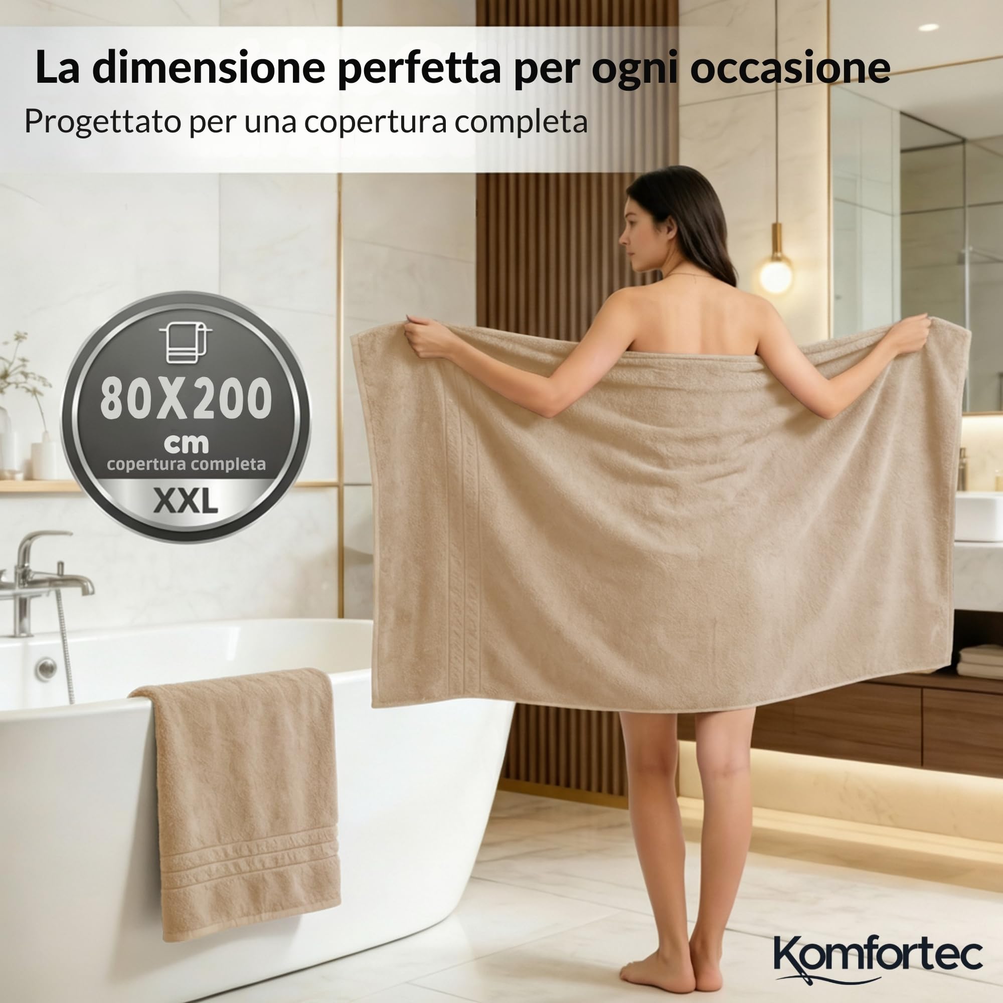 Komfortec Asciugamani 2 per Sauna 80x200 cm in 100% Cotone,470 g/m², Asciugamano Doccia Grande, Morbido, Asciugatura Rapida, Beige