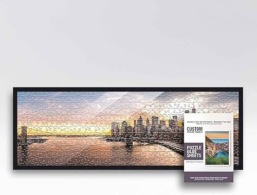 Kit de rompecabezas de marco de 13 x 39 pulgadas con hojas de pegamento, marco de fotos negro de mediados de siglo, madera real con frente acrílico