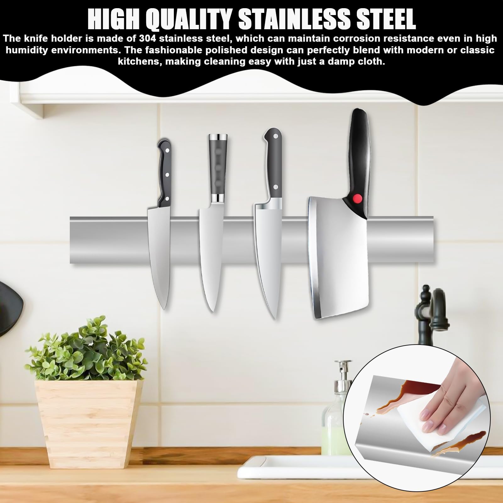 Barra magnetica con 3 ganci e tappetino antiscivolo, supporto magnetico in acciaio inox, per utensili da cucina o utensili, 40 cm