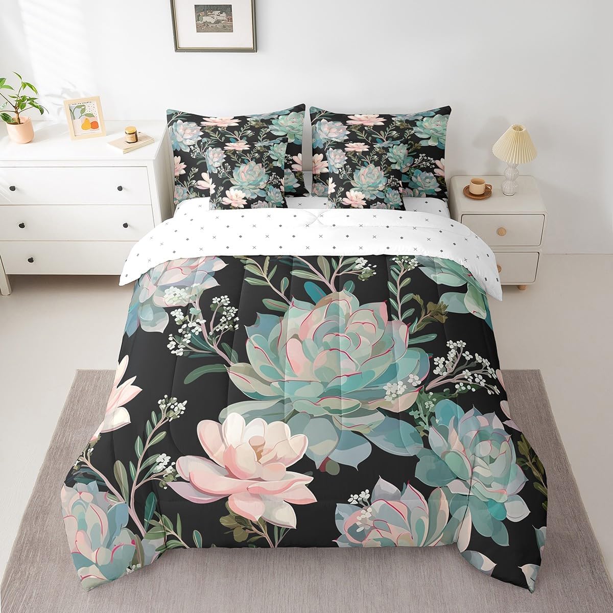 Feelyou Twin Comforter Set 7 Pcs Boho Succulent Bedding Set Cactus Bed in a Bag for Kids Girls Women Botanical Floral Flowers Comforter Green Plants Bed Set with Sheets, Pillowcases, Pillow Covers