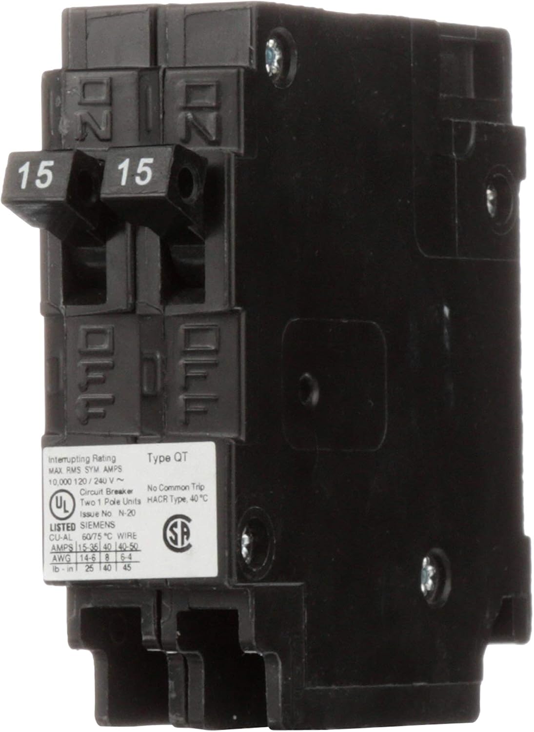 Siemens Q1515NC Two 15-Amp Single Pole 120-Volt Non-Current Limiting Circuit Breaker