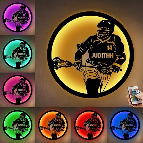 Letrero de metal personalizado con luz LED, nombre y número personalizados, arte de pared de lacrosse, letrero de neón, decoración del hogar para