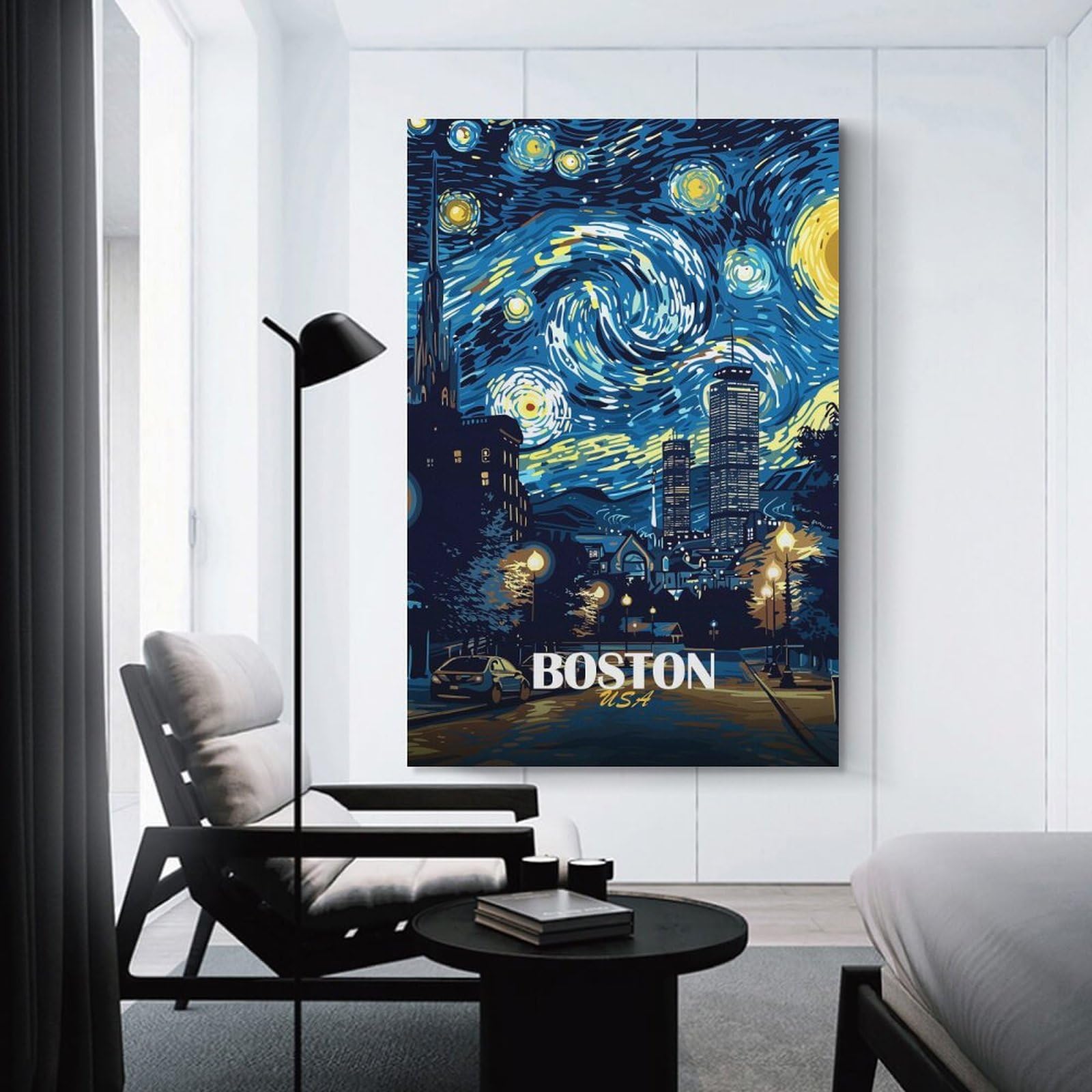 Junmoney Boston USA Starry Night Art Canvas Wall Art, 12x18inch(30x45cm), for Bedroom Decor, Cosy Corners Or Studios, Stylish Decor for A Restful Room Update