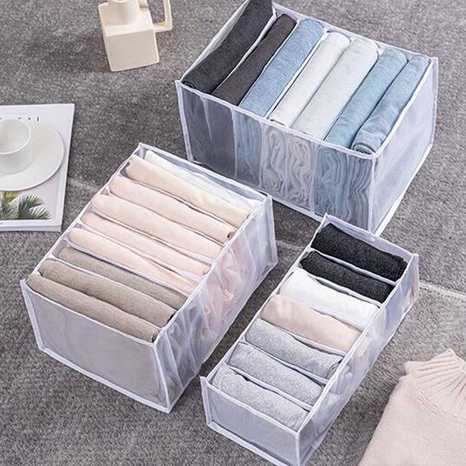 4 PCS Organisateur De Vêtements De Garde-robe Lavable 7 Grilles Organisateur De Placard Visible Pliable Boîte De Séparation En Maille Pour Tiroir À Vêtements Pour T-shirt Legging Jupes Jeans