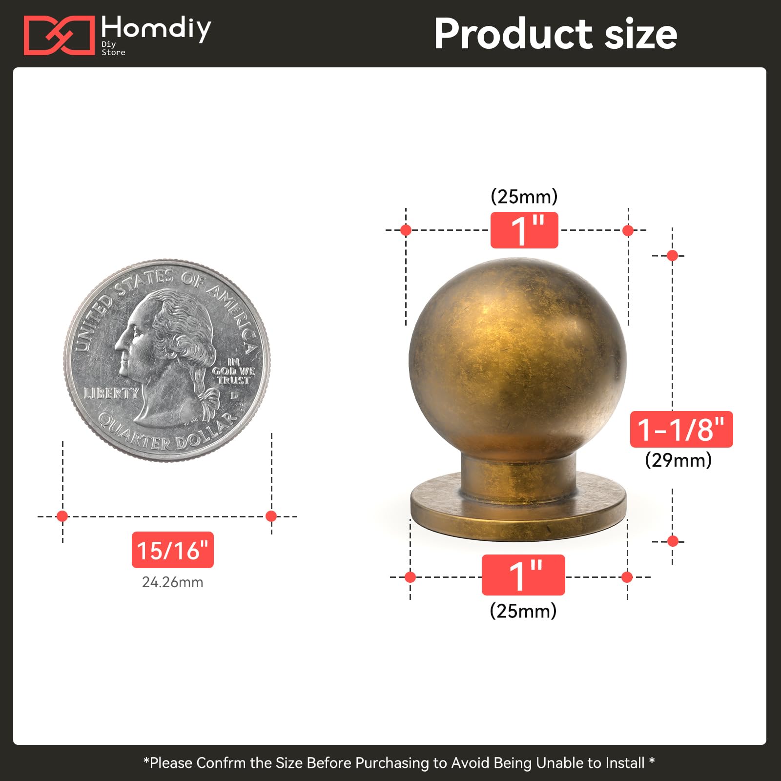 Homdiy 20 Pack Antique Cabinet Knobs, Round Retro Brass Drawer Dresser Handles Ball Metal Kitchen Hardware For Cupboard, 1 Inch - View #8