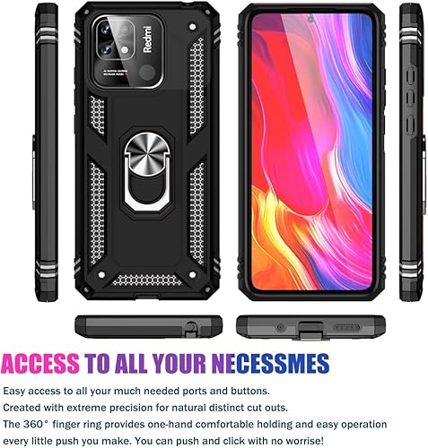 Miniatura 2 de Funda para Xiaomi Redmi 10C 220333QBI con protector de pantalla de vidrio templado, grado militar Soporte magnético para anillo de coche Soporte