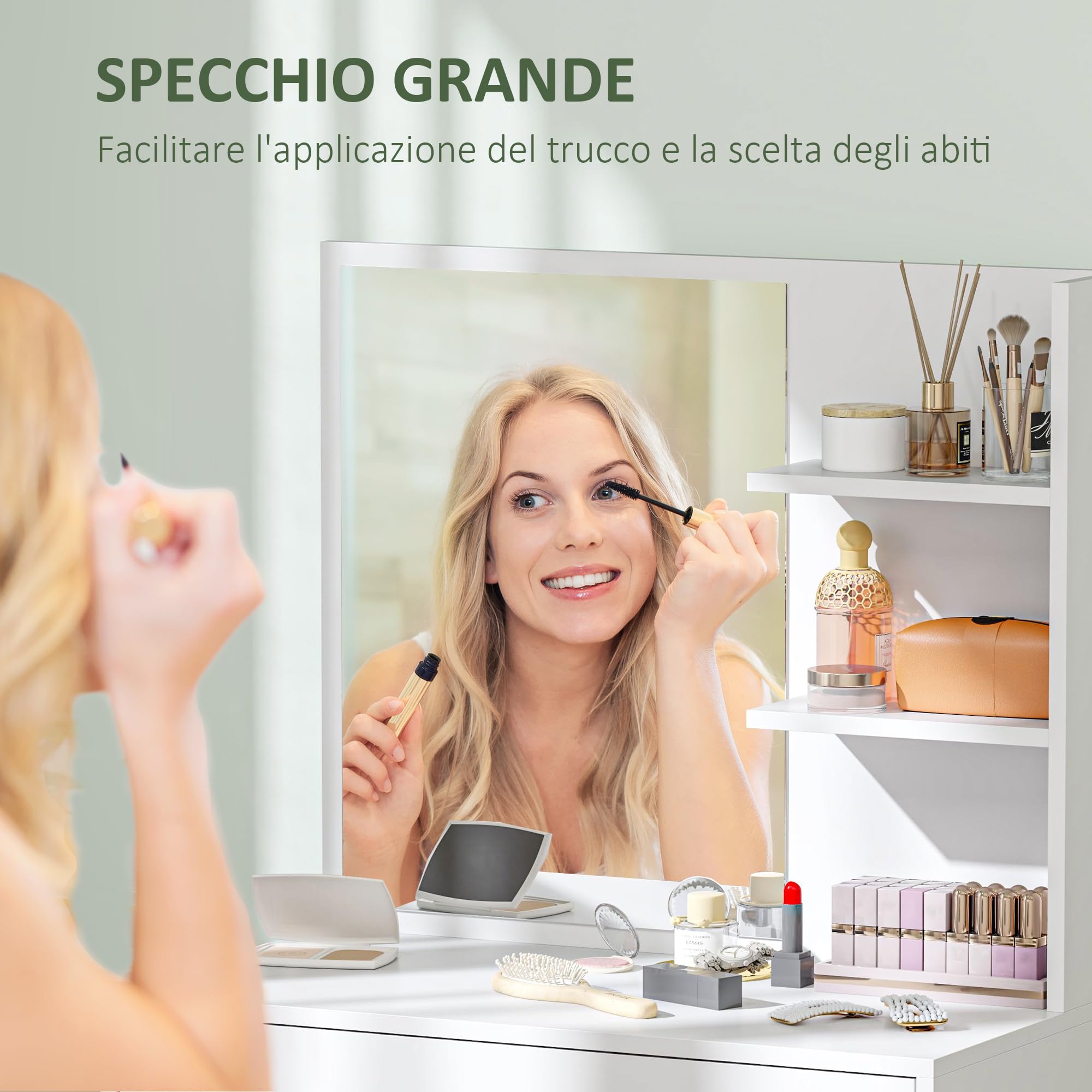 HOMCOM Toeletta Trucco Elegante con Specchio Moderno 75x40x137 cm Bianco | Ampio Cassetto Portaoggetti, 3 Ripiani, Postazione Trucco, Postazione Make Up per Camera da Letto