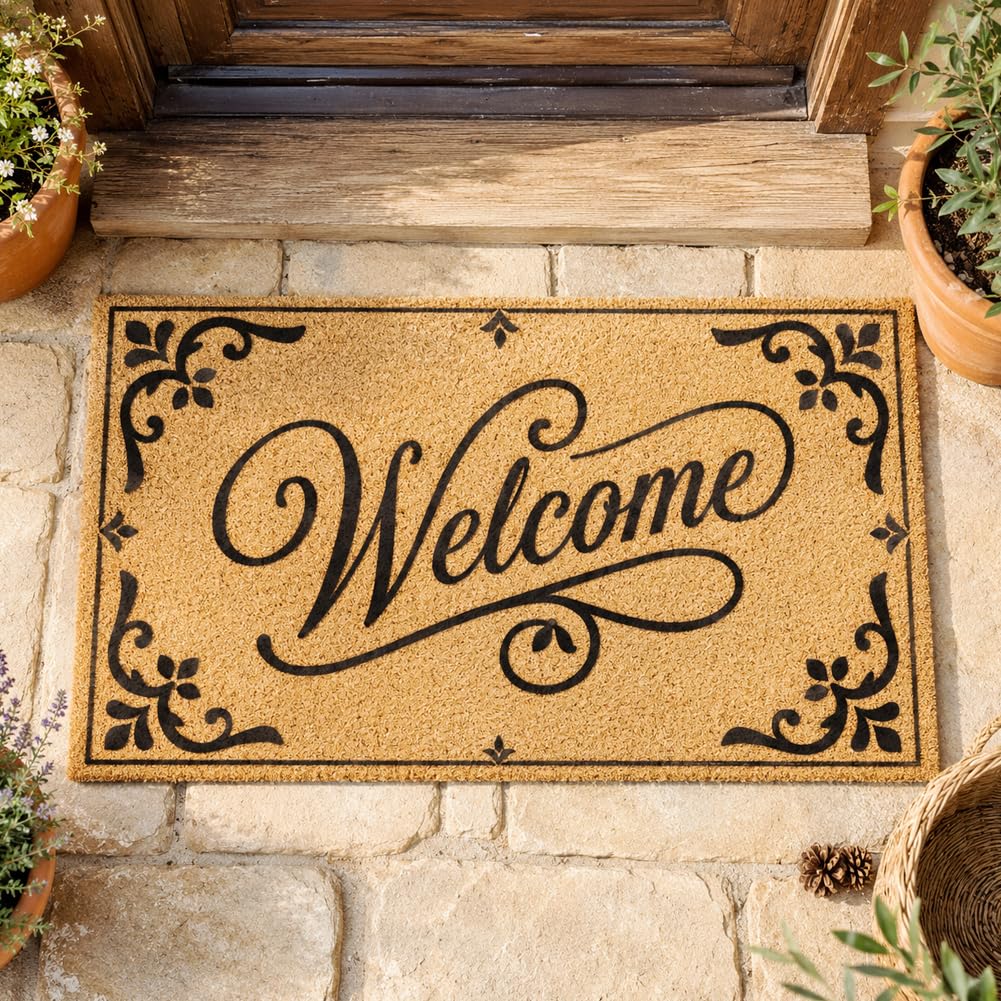 GOMAKERER Classic Welcome Door Mat, 17x30 Inch Vintage Ornate Print Doormat Non-Slip Doormats Decor Front Door Mat Outside Entrance for Home Porch Yard Patio