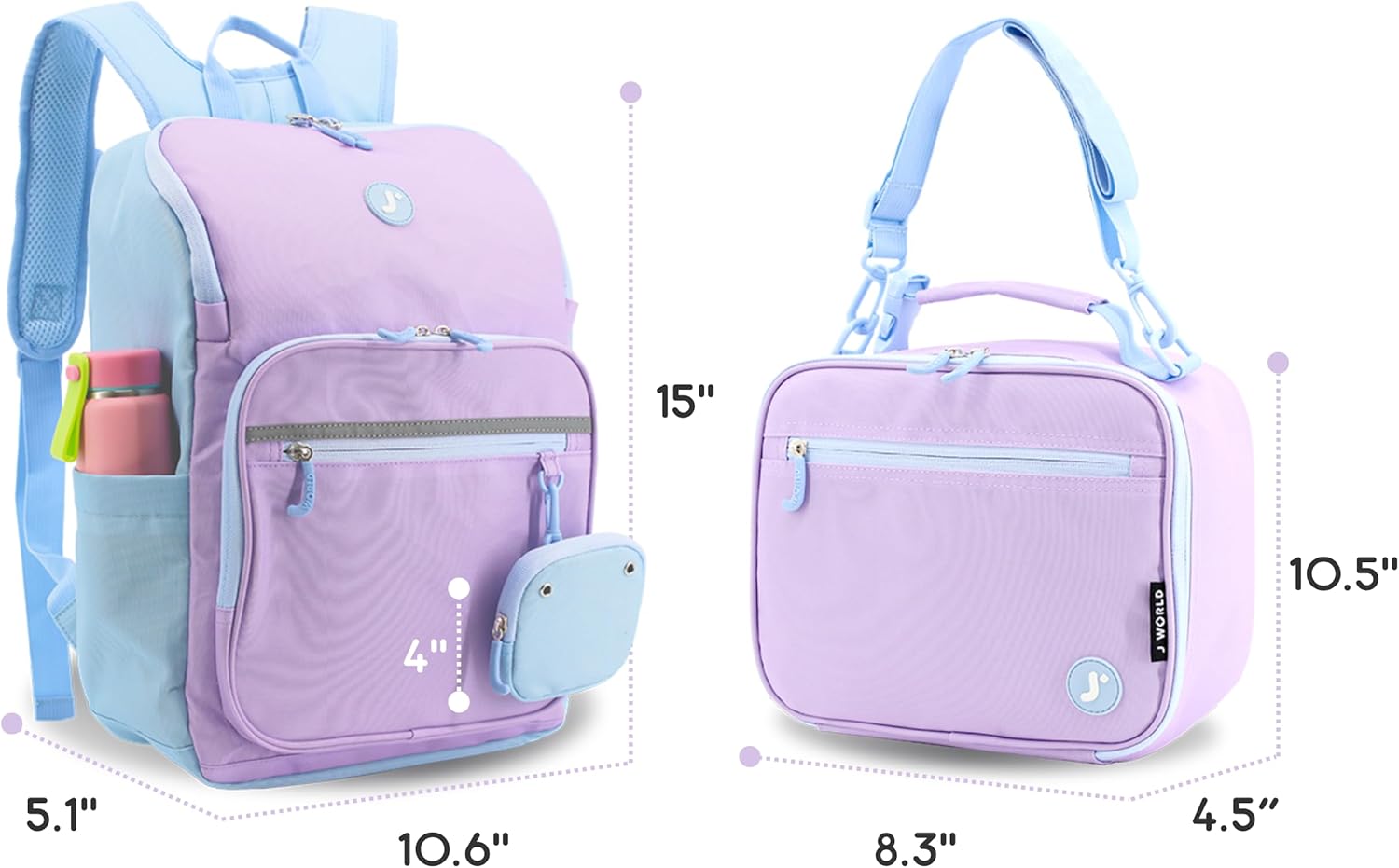 J World New York Junior Set Kids Backpack with Lunch Box. School Bookbag and Lunch Bag, Purple