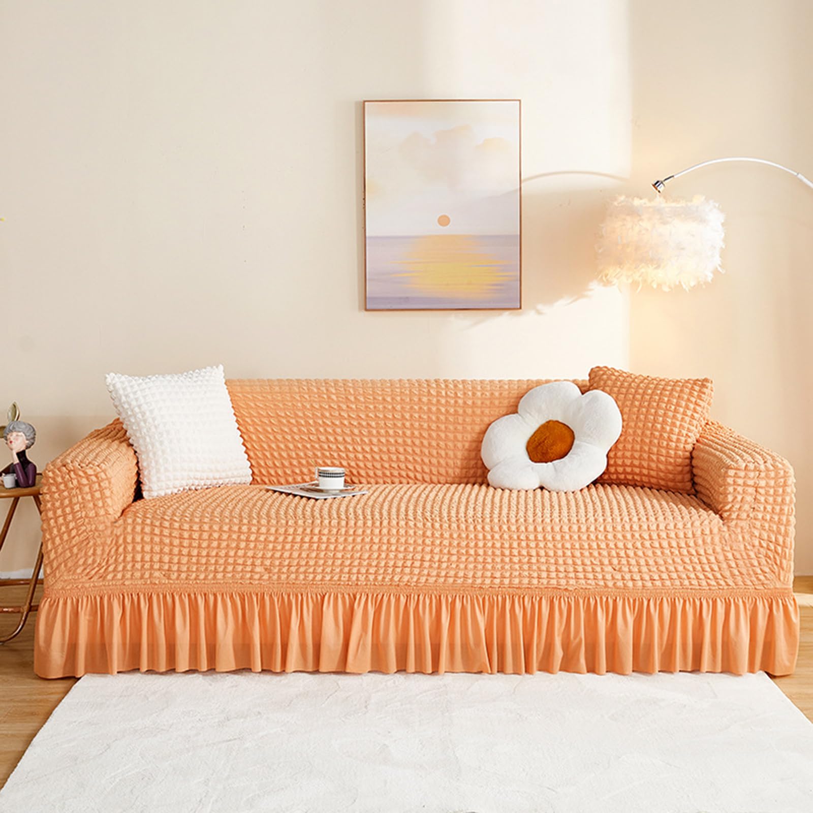 JIXINHEKEJI Stretch Seersucker Sofa Cover Instant Makeover, Non-Slip Soft Washable Couch Slipcover With Elastic Bottom And Skirt, Furniture Protector For (Size:1 seater (90-140cm),Color:Orange)