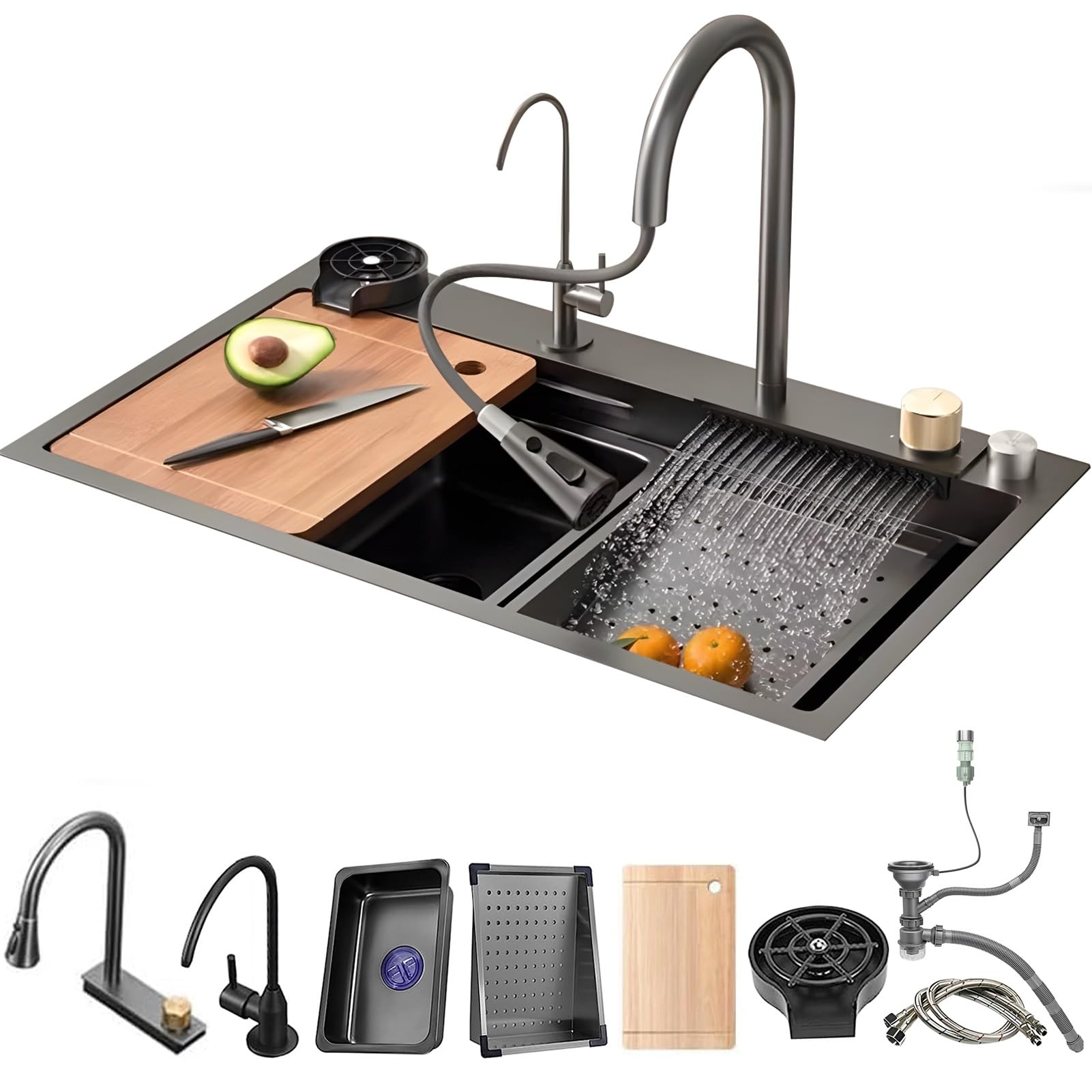 ZQFHSX Drop In Waterfall Kitchen Sink, Single Bowl Farmhouse Stainless Steel Bar Multifunctional Workstation With Cup Rinser, Drain Accessories(A,85x45x21cm)