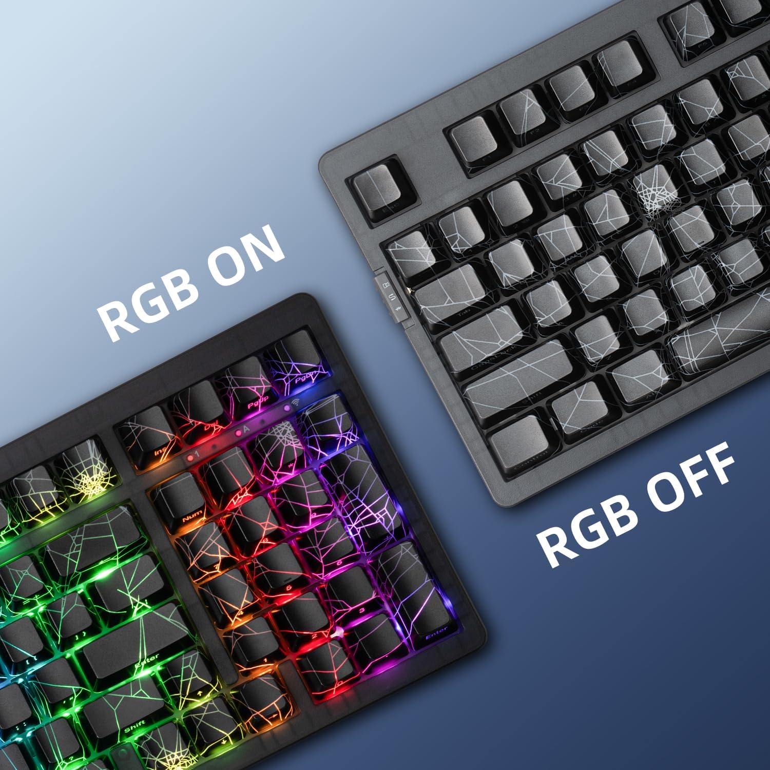 Comparison image of the ZORNHER ZH980 keyboard with RGB lighting on and off, showcasing the shine-through spider web රටාව
