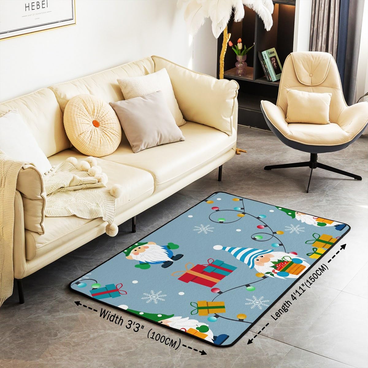 Merry Christmas Area Rug 3x5 for Kids Bedside Living Room,Gnome Santa Claus Carpet,Xmas Colorful Lights Living Room Rugs for Girls Boys Child Bedroom,New Year Gift Cartoon Indoor Floor Mat,Blue